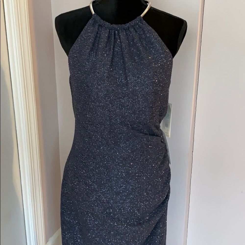 Stunning shimmery steel halter top cocktail dress.